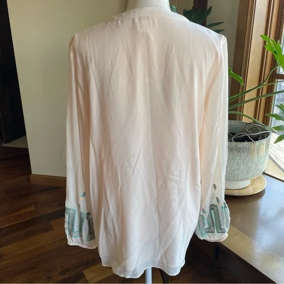 Sundance Embroidered Boho Silk Long Sleeve Peasant Blouse with Tie Neck - Picture 3 of 13